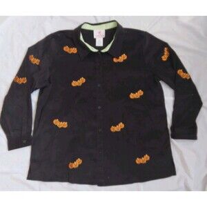 Vintage Quacker Factory Black Corduroy Shirt Jack O Lanterns Embroidered 1X